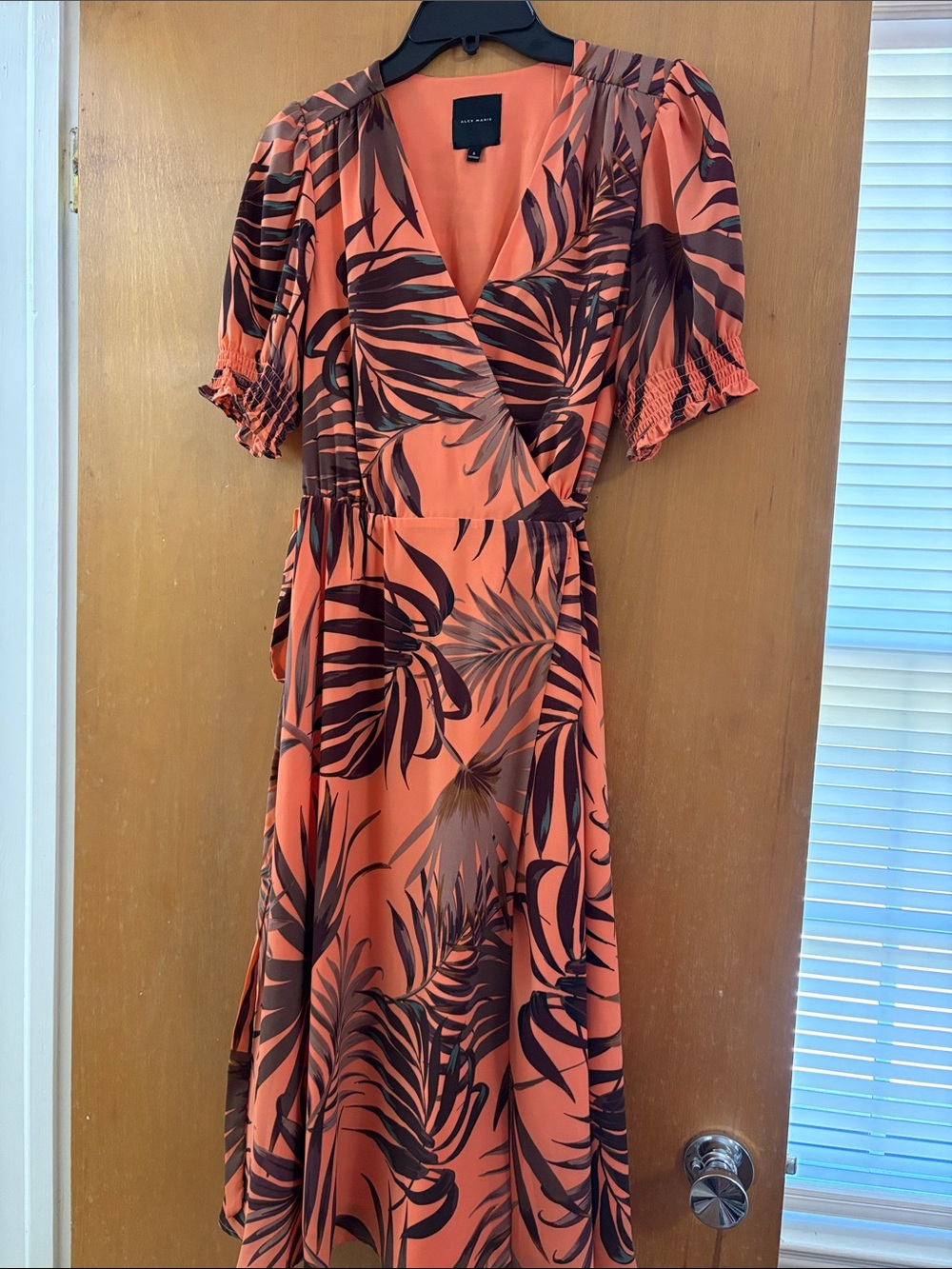 Alex Marie Coral Orange & Brown Tropical Wrap Midi Dress